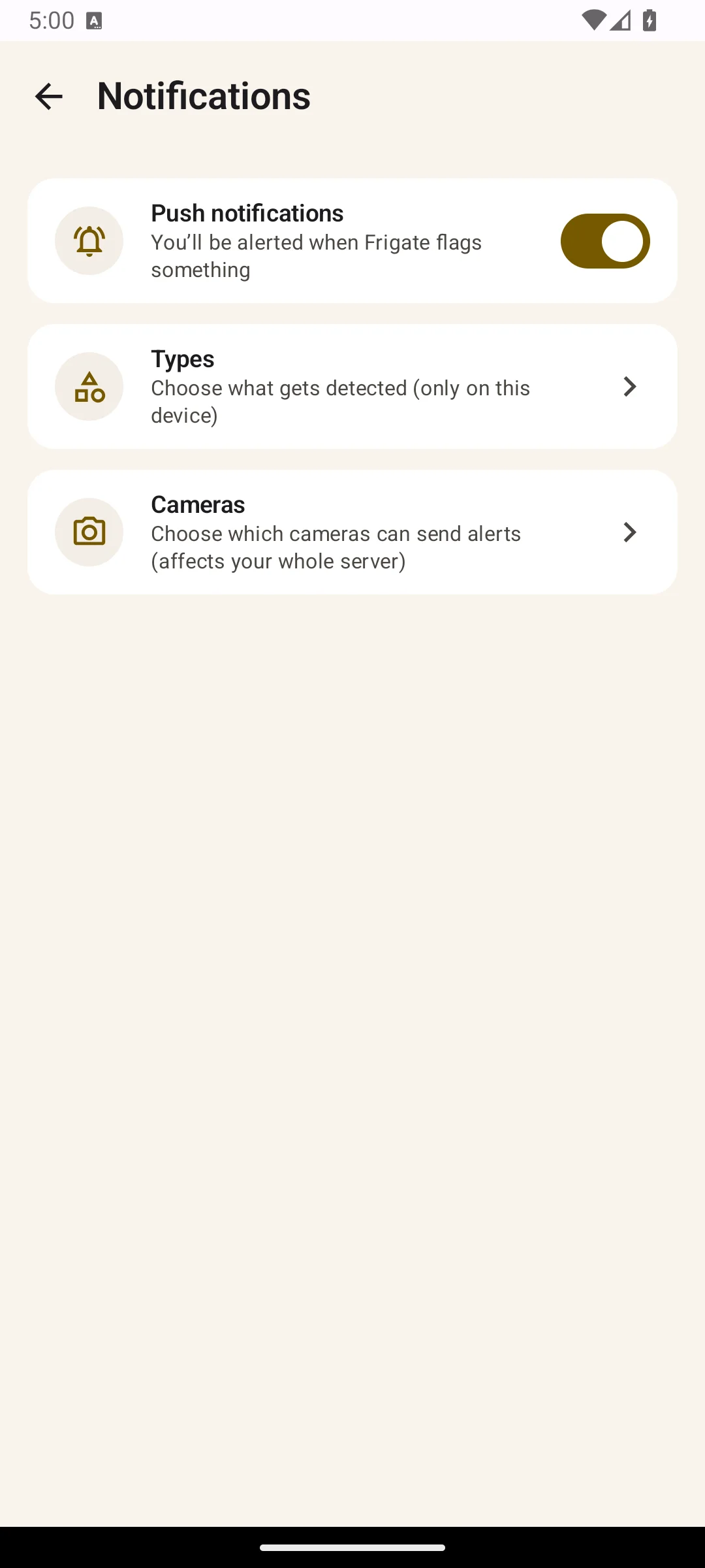 A Frigate event notification with snapshot and quick actions in Fricam