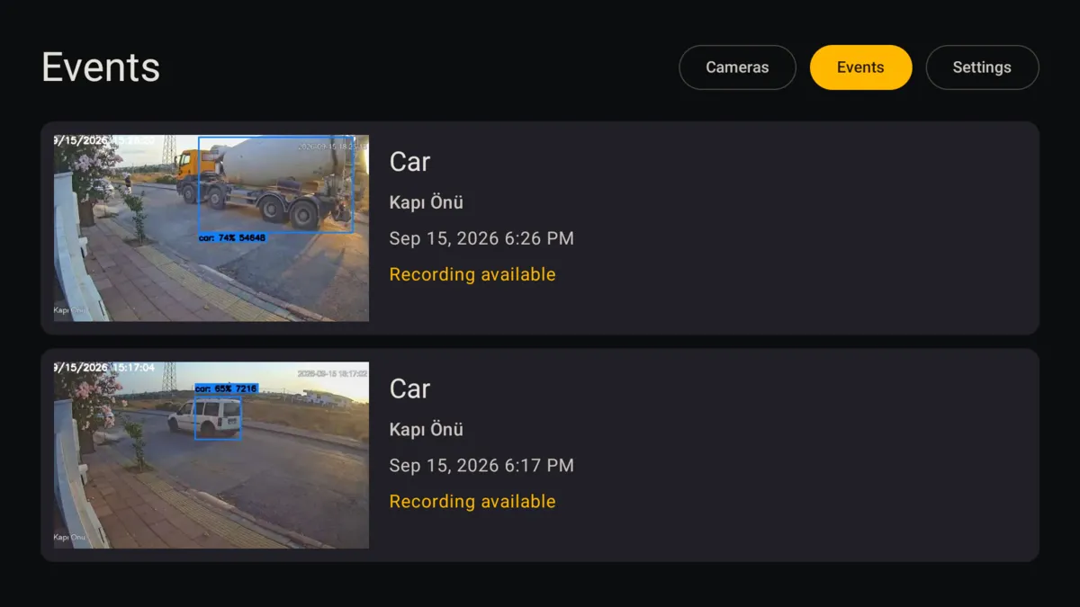 Android TV event list with camera snapshots