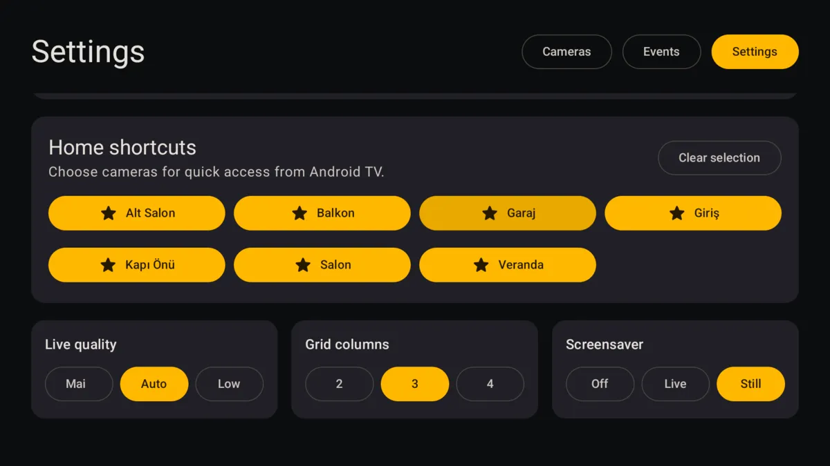 Android TV settings with camera shortcuts and screensaver options