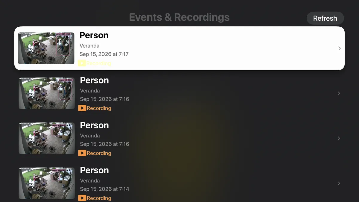 Apple TV events and recordings list with camera snapshots